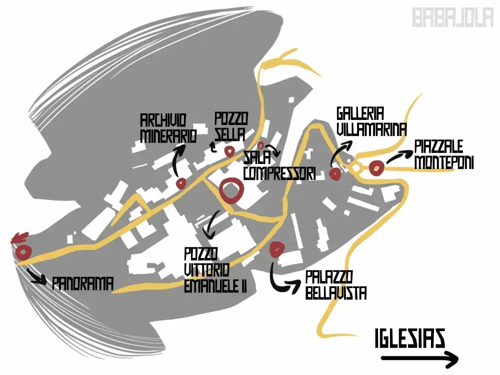 Mappa dell'esplorazione nel villaggio minerario di Monteponi