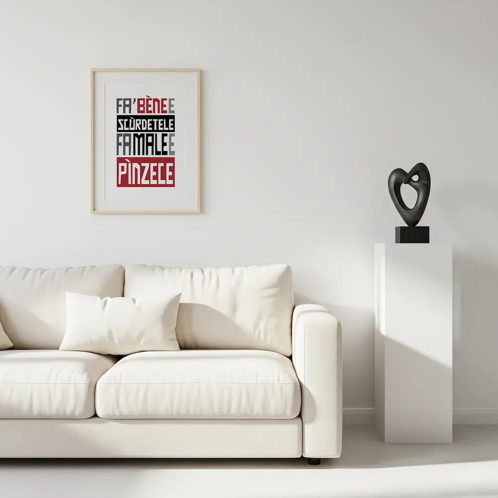 esempio di arredo - poster proverbi regionali personalizzato - fa' bène e scùrdetele, fa male e pìnzece